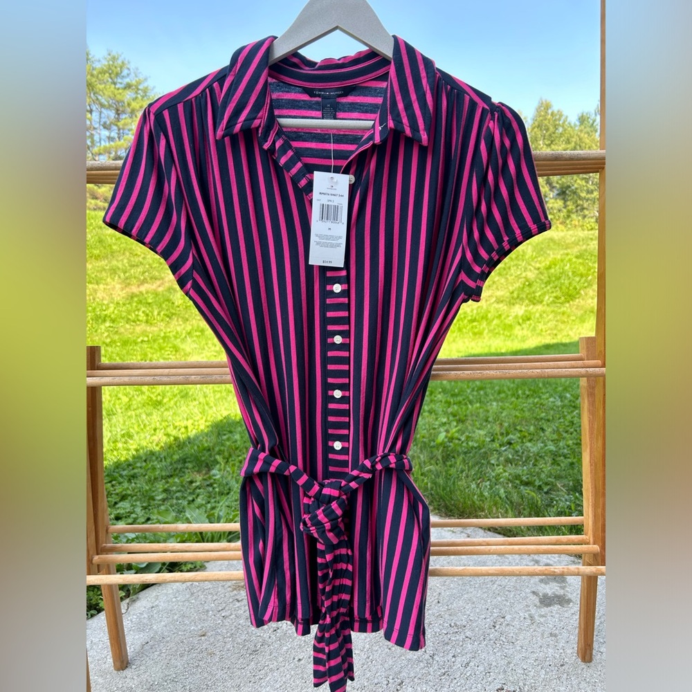 NWT Tommy Hilfiger navy blue and hot pink striped button up collar shirt sz med - Picture 5 of 5